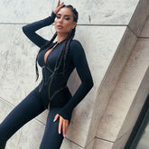 Sports Leather Ribbon Split Line Long Sleeve Zipper Skinny Hip Raise Jumpsuit